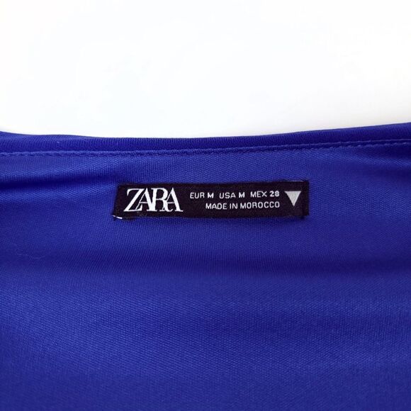 ZARA Ruched Draped Ruffle Shoulder Pad Bodycon Mini Dress Cobalt Womens Medium - Picture 2 of 8